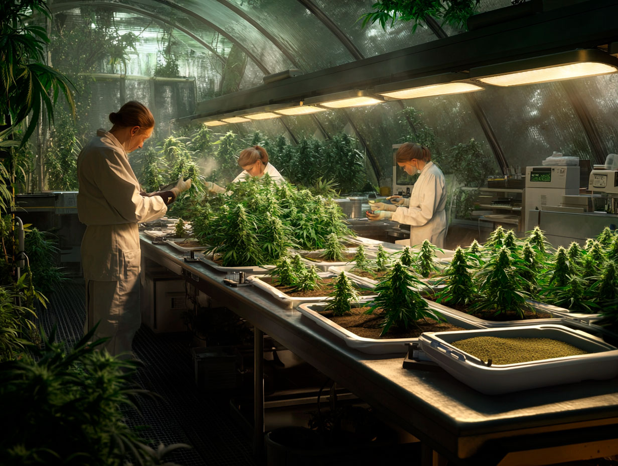 Seed breeding laboratory showing cannabis plants and breeders selecting traits